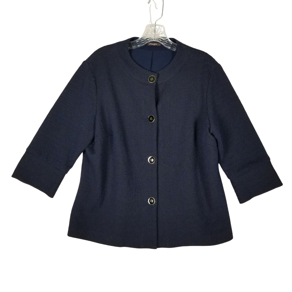 J.McLaughlin Jacket Women Large Navy Blue Textured 3/4 Sleeve Gold Button Blazer